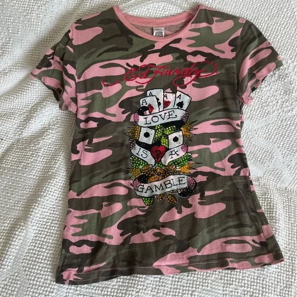 Vintage ED HARDY top Love Is A Gamble BLING cards pink camo Y2K era - Picture 1 of 7
